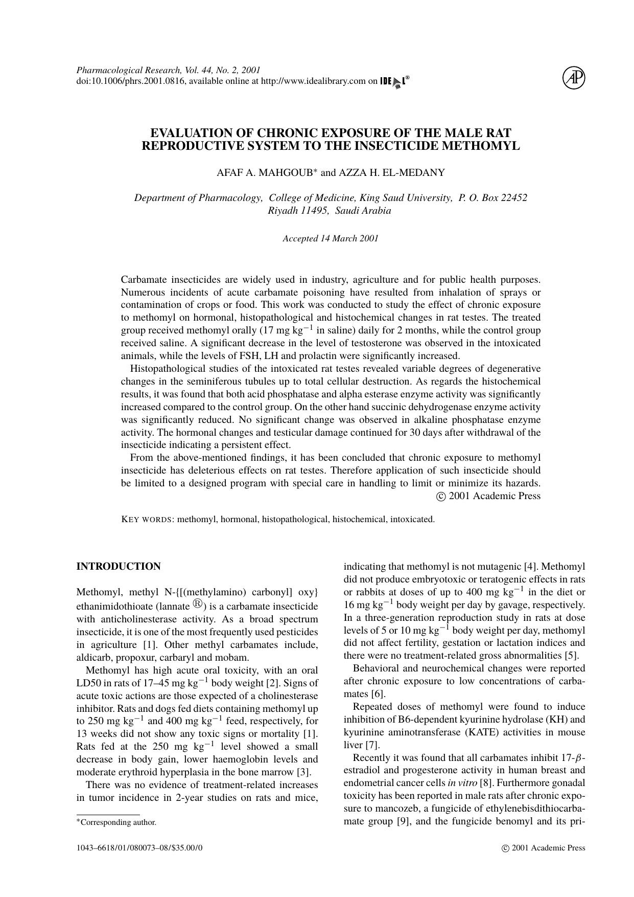 Evaluation of Chronic Exposure of the Male Rat Reproductive System to the Insecticide Methomyl by A. A. Mahgoub & A. H. El-Medany