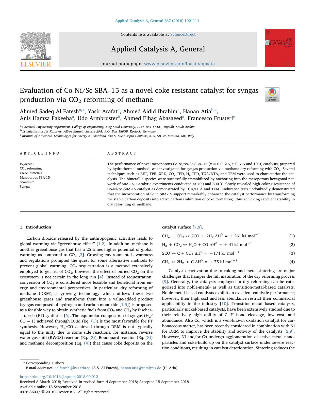 Evaluation of Co-NiSc-SBAâ15 as a novel coke resistant catalyst for syngas production via CO2 reforming of methane by unknow
