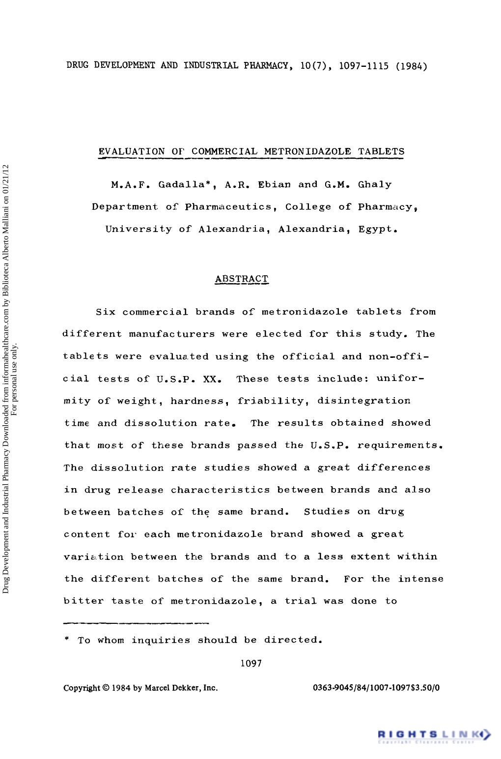 Evaluation of Commercial Metronidazole Tablets by M. A. F. Gadalla A. R. Ebian & G. M. Ghaly