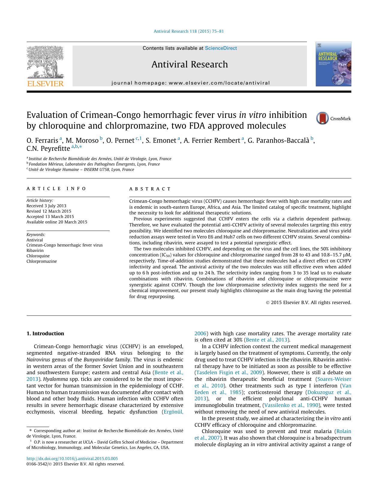 Evaluation of Crimean-Congo hemorrhagic fever virus in vitro inhibition by chloroquine and chlorpromazine, two FDA approved molecules by unknow