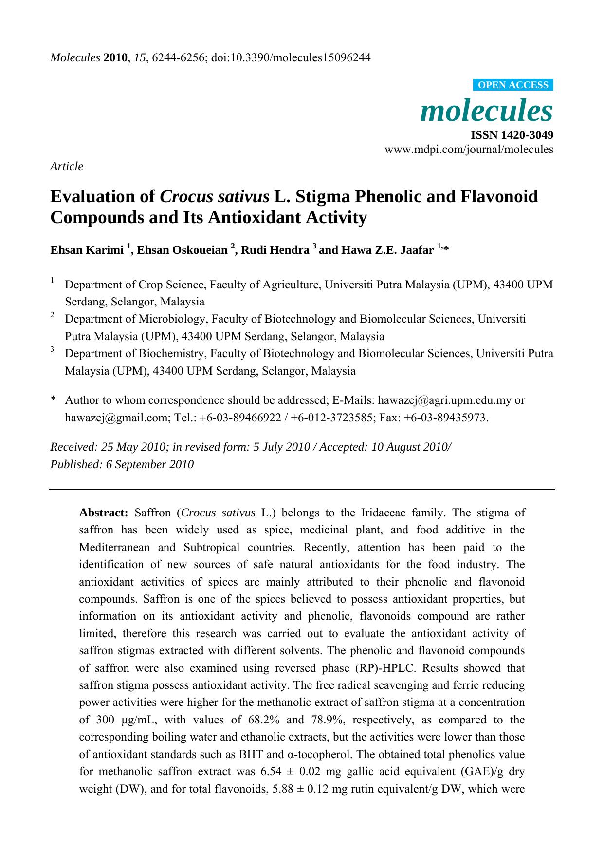 Evaluation of Crocus sativus L. Stigma Phenolic and Flavonoid Compounds and Its Antioxidant Activity by Ehsan Karimi & Ehsan Oskoueian & Rudi Hendra & Hawa Z.E. Jaafar