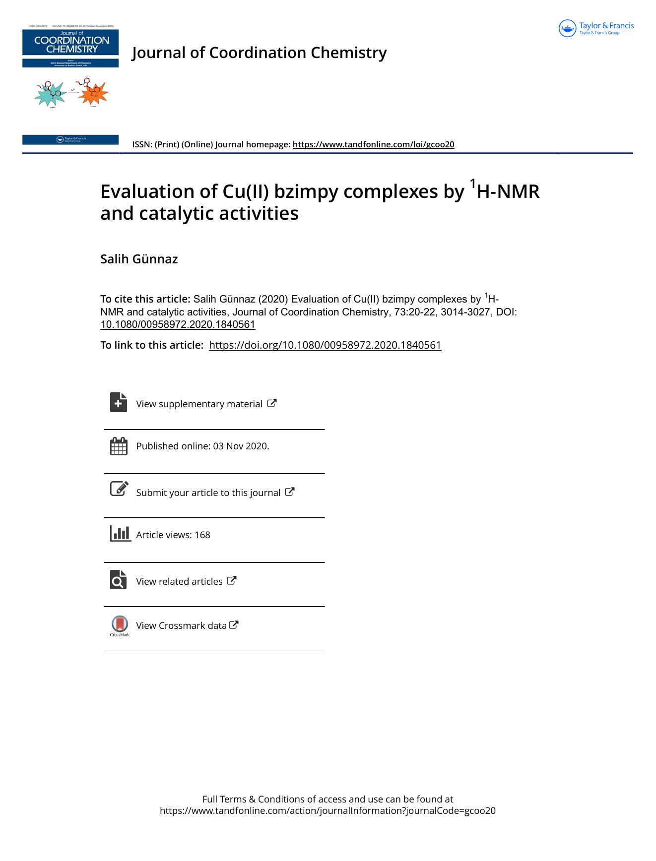 Evaluation of Cu(II) bzimpy complexes by 1H-NMR and catalytic activities by Günnaz Salih