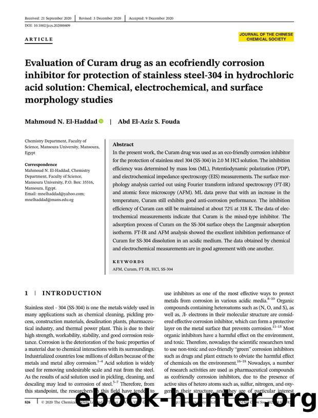 Evaluation of Curam drug as an ecofriendly corrosion inhibitor for protection of stainless steel-304 in hydrochloric acid solution: chemical, Electrochemical and surface morphology studies by Unknown
