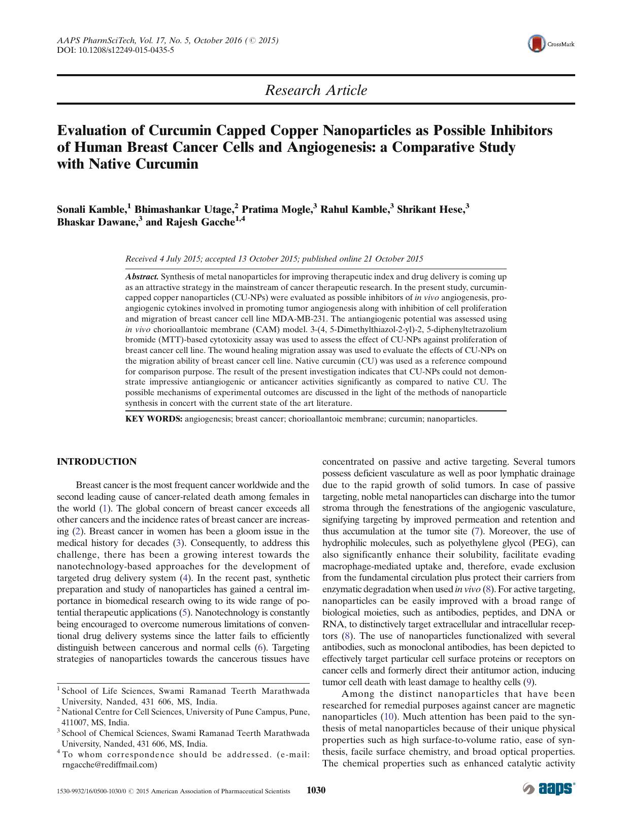 Evaluation of Curcumin Capped Copper Nanoparticles as Possible Inhibitors of Human Breast Cancer Cells and Angiogenesis: a Comparative Study with Native Curcumin by unknow