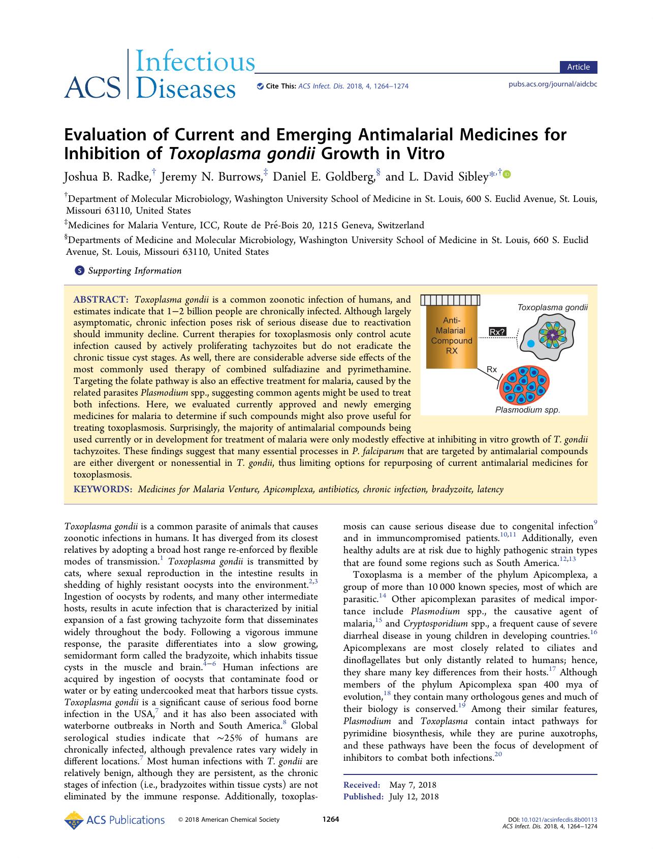 Evaluation of Current and Emerging Antimalarial Medicines for Inhibition of Toxoplasma gondii Growth in Vitro by unknow