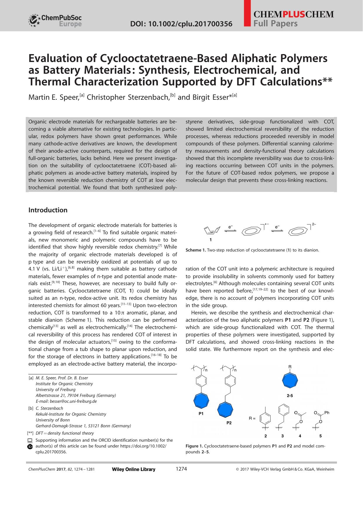 Evaluation of CyclooctatetraeneâBased Aliphatic Polymers as Battery Materials: Synthesis, Electrochemical, and Thermal Characterization Supported by DFT Calculations by Unknown