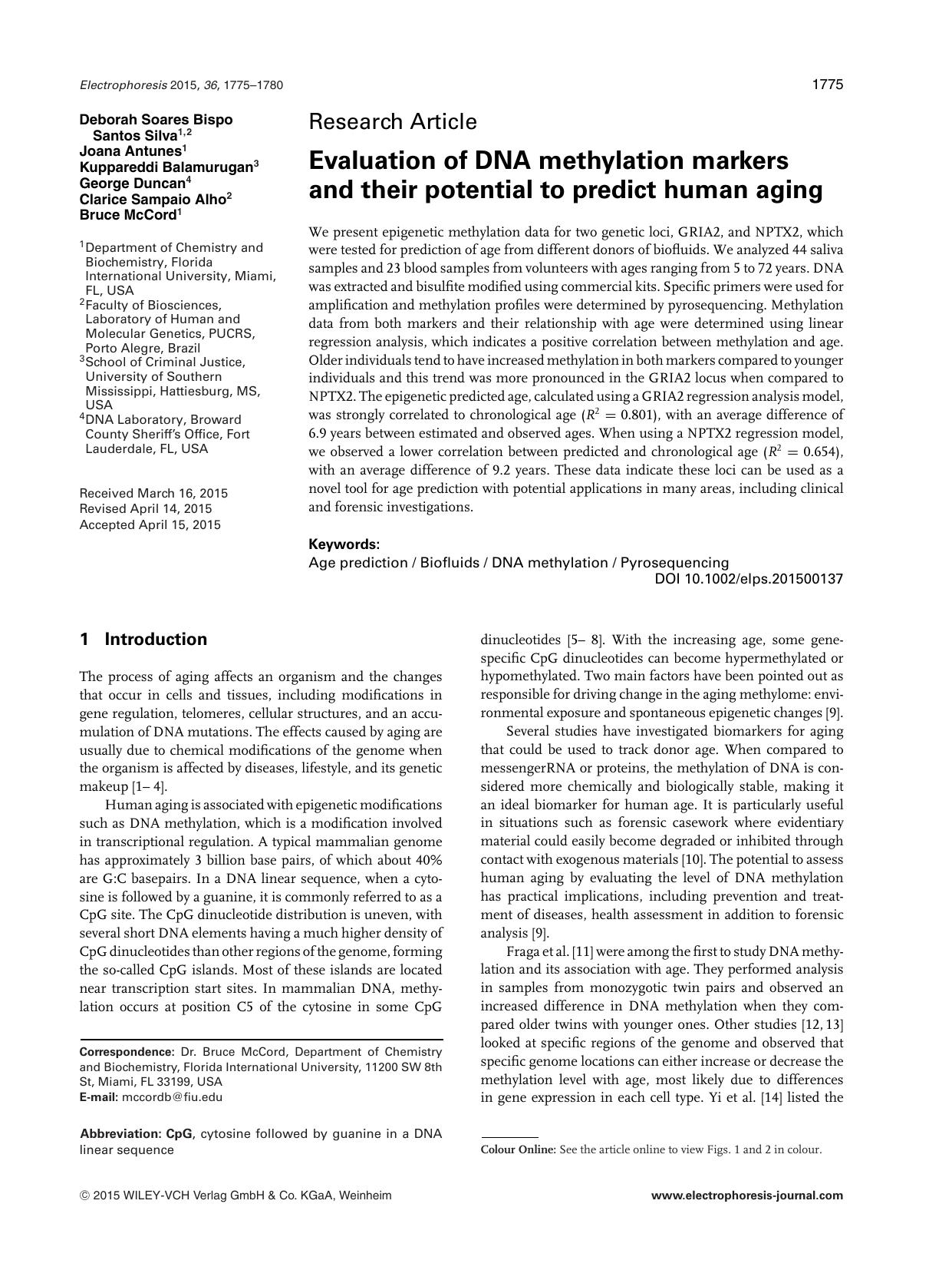 Evaluation of DNA methylation markers and their potential to predict human aging by Unknown