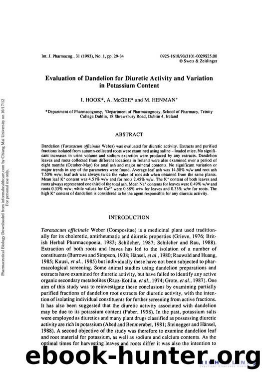 Evaluation of Dandelion for Diuretic Activity and Variation in Potassium Content by I. Hook A. McGee & M. Henman