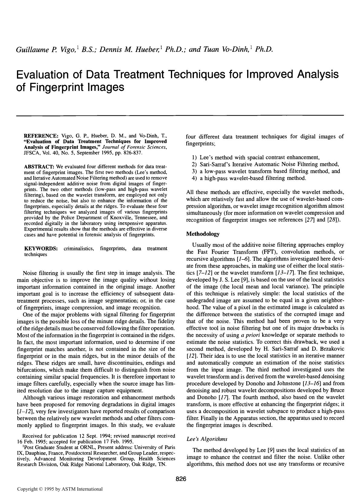 Evaluation of Data Treatment Techniques for Improved Analysis of Fingerprint Images by Vigo GP Hueber DM Vo-Dinh T