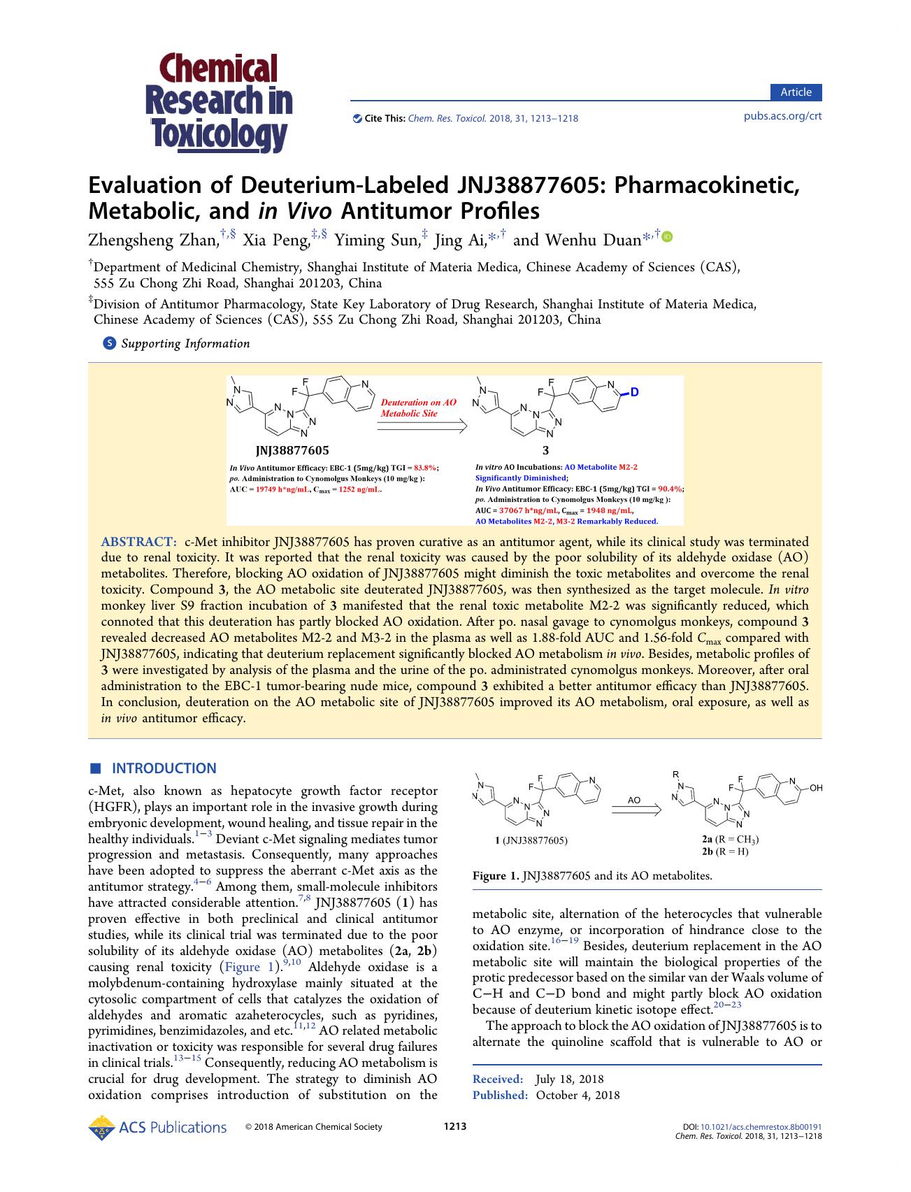 Evaluation of Deuterium-Labeled JNJ38877605: Pharmacokinetic, Metabolic, and in Vivo Antitumor Profiles by Zhengsheng Zhan Xia Peng Yiming Sun Jing Ai and Wenhu Duan