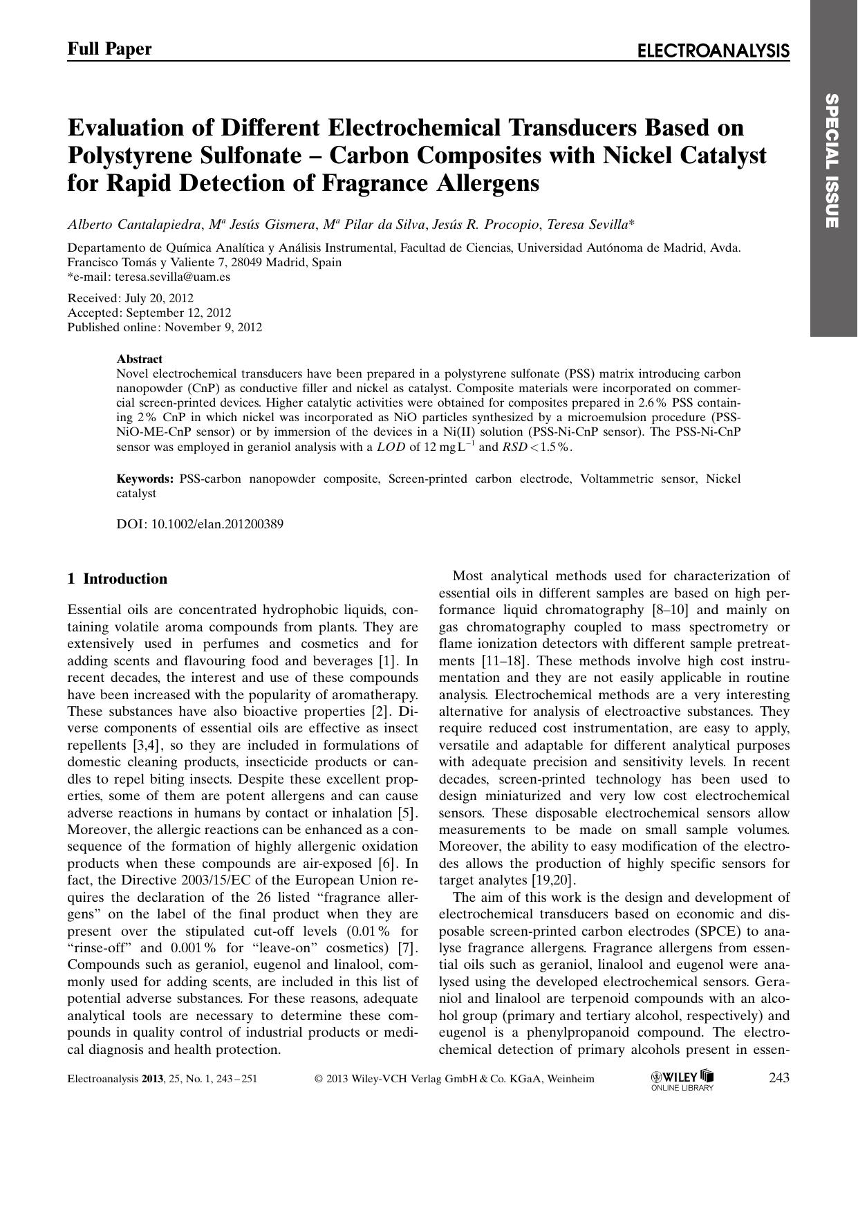 Evaluation of Different Electrochemical Transducers Based on Polystyrene Sulfonate Carbon Composites with Nickel Catalyst for Rapid Detection of Fragrance Allergens by Unknown