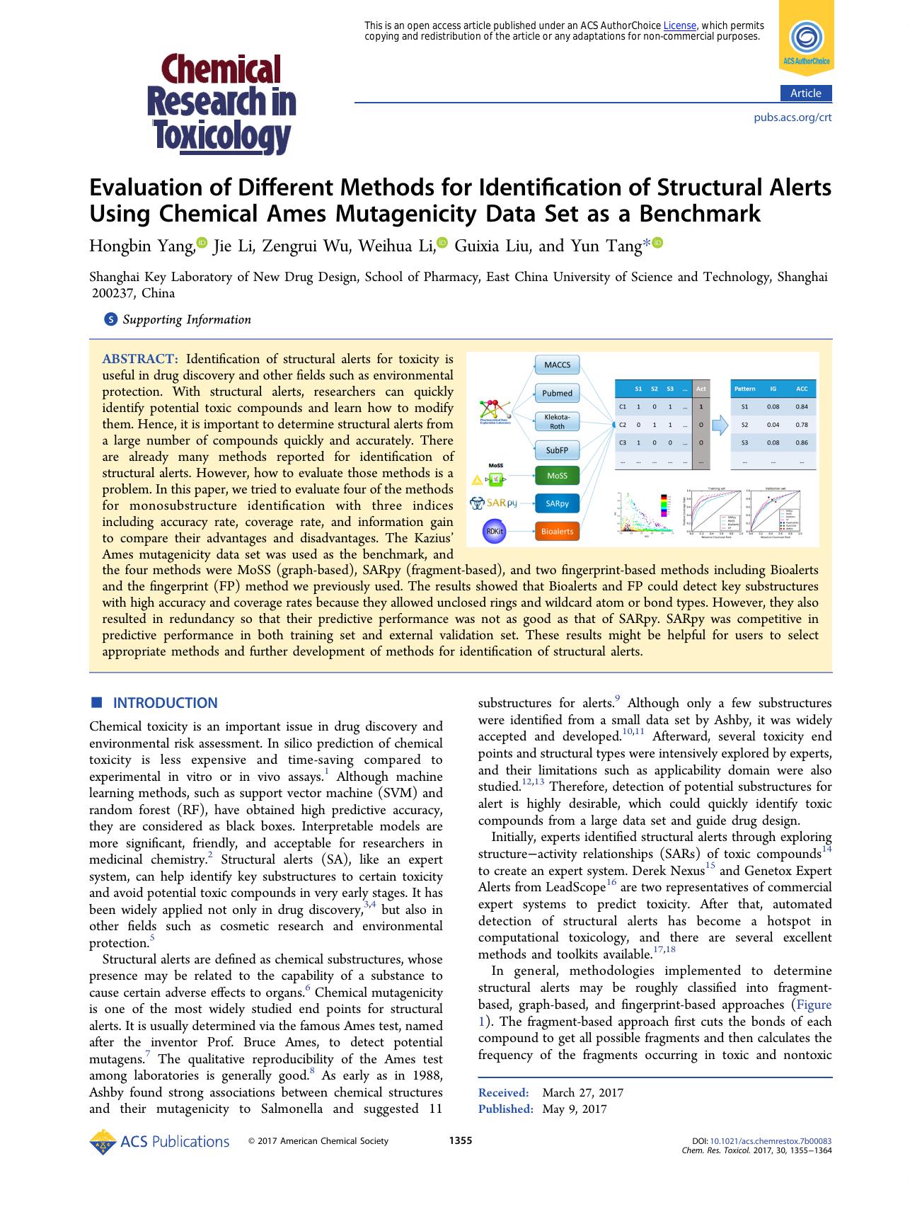 Evaluation of Different Methods for Identification of Structural Alerts Using Chemical Ames Mutagenicity Data Set as a Benchmark by Hongbin Yang Jie Li Zengrui Wu Weihua Li Guixia Liu and Yun Tang