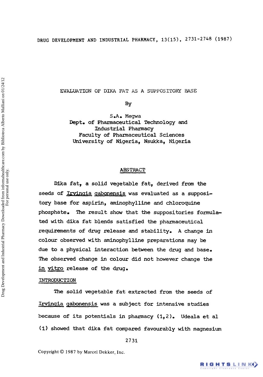 Evaluation of Dika Fat as a Suppository Base by S. A. Megwa