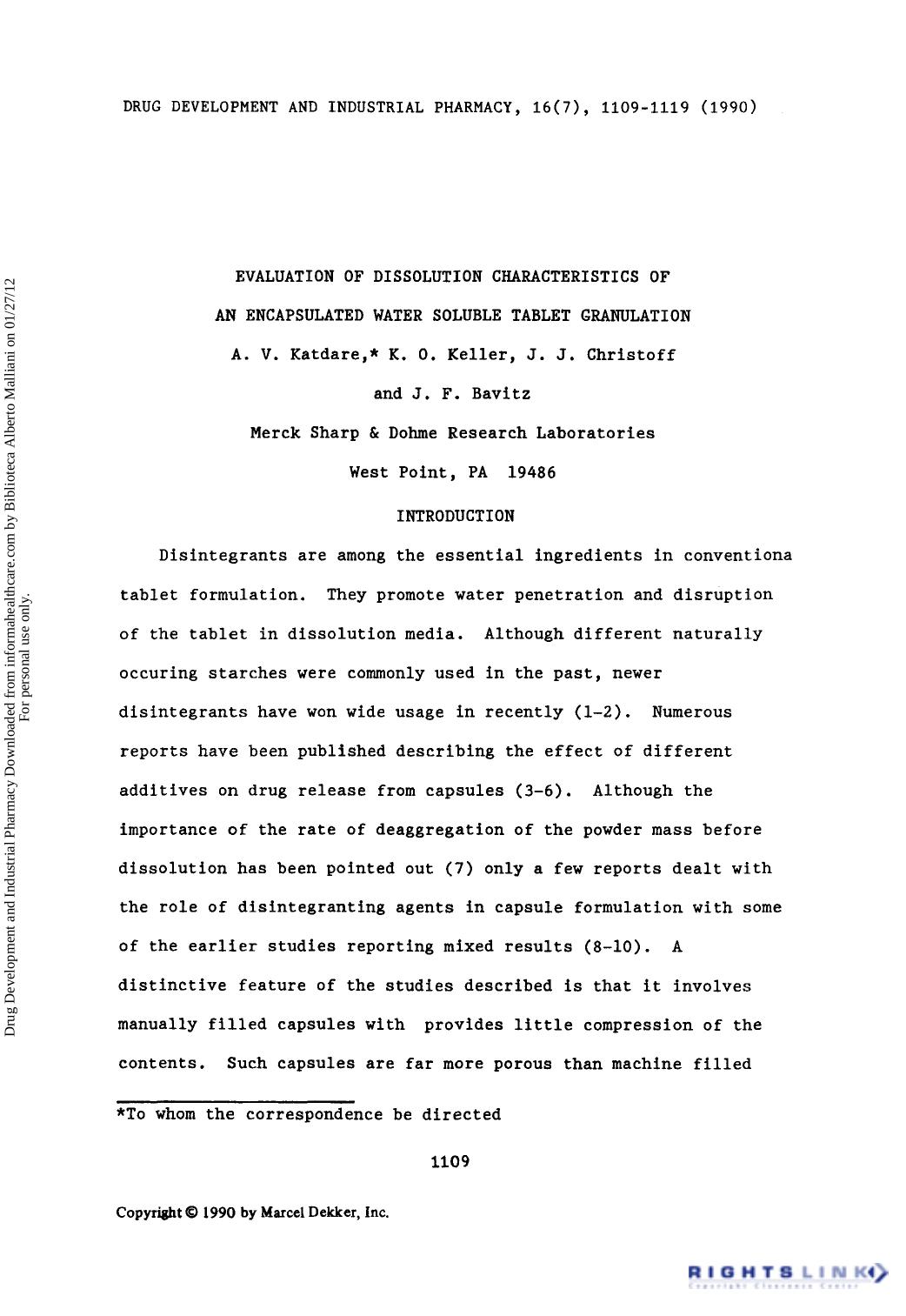 Evaluation of Dissolution Characteristics of an Encapsulated Water Soluble Tablet Granulation by A. V. Katdare K. O. Keller J. J. Christoff & J. F. Bavitz