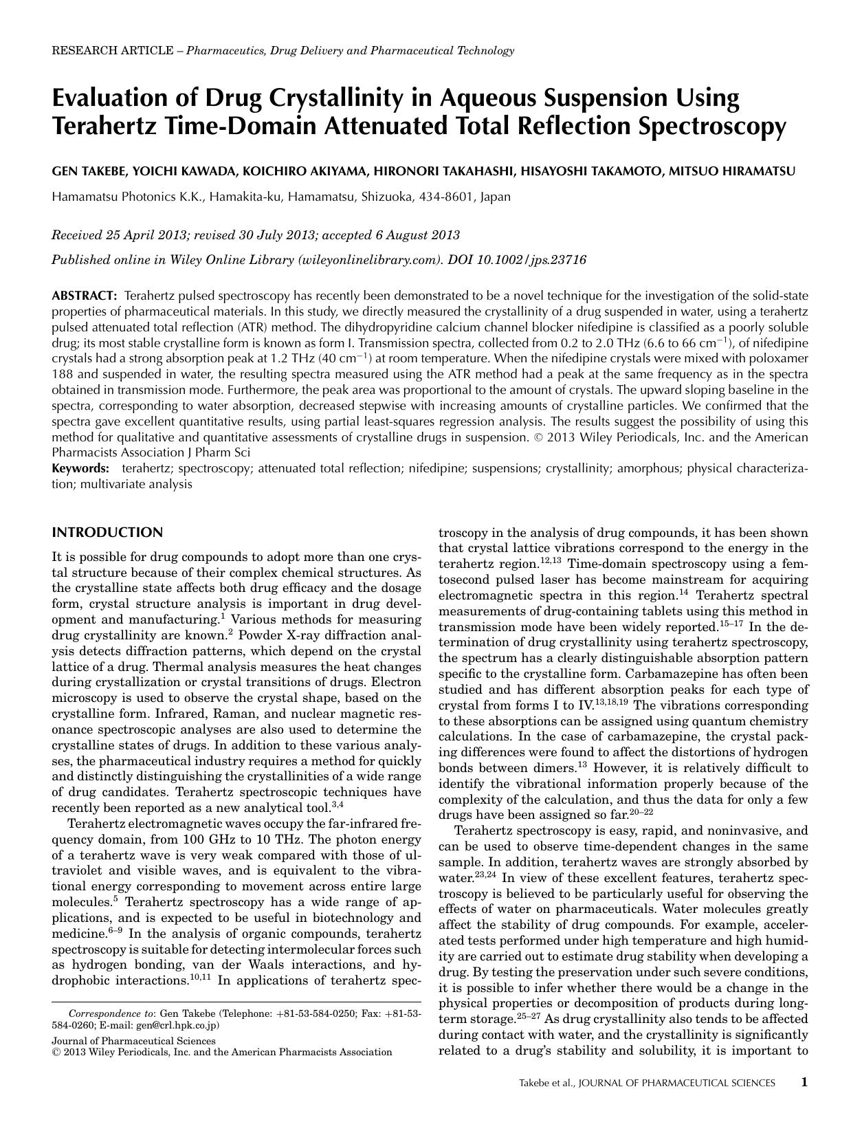 Evaluation of Drug Crystallinity in Aqueous Suspension Using Terahertz TimeDomain Attenuated Total Reflection Spectroscopy by Unknown