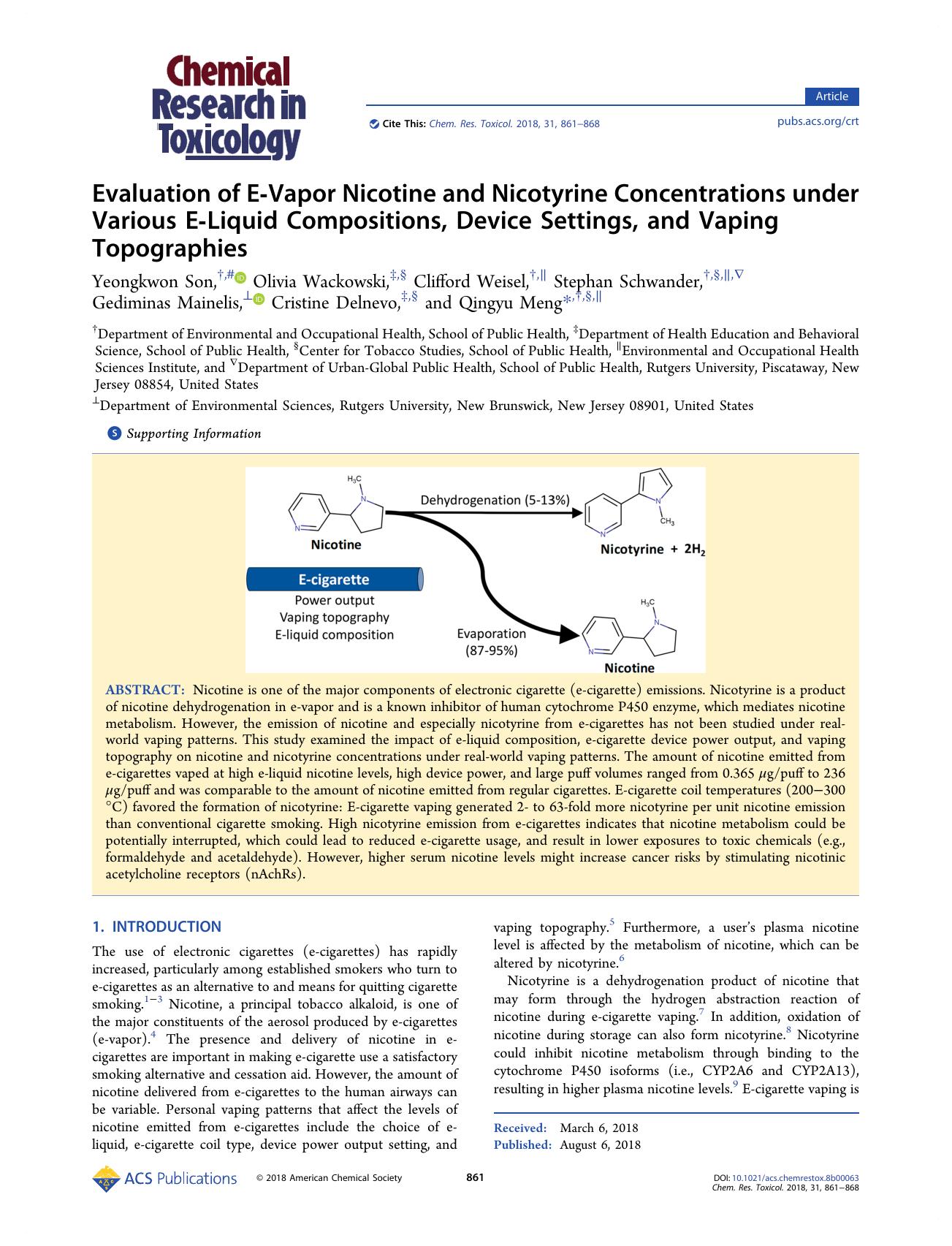 Evaluation of E-Vapor Nicotine and Nicotyrine Concentrations under Various E-Liquid Compositions, Device Settings, and Vaping Topographies by unknow
