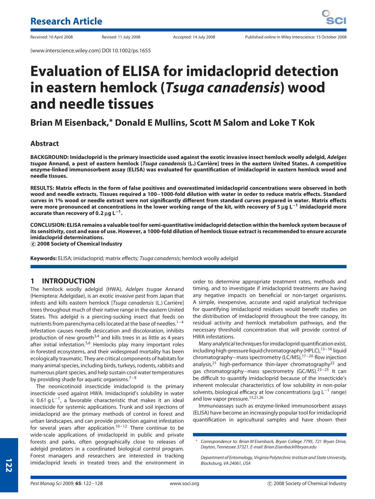 Evaluation of ELISA for imidacloprid detection in eastern hemlock (Tsuga canadensis) wood and needle tissues by Unknown