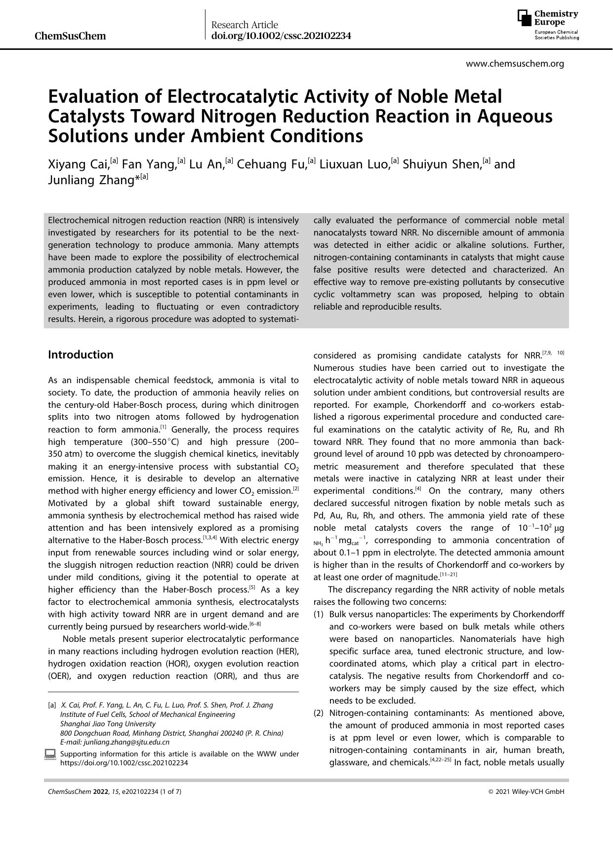Evaluation of Electrocatalytic Activity of Noble Metal Catalysts Toward Nitrogen Reduction Reaction in Aqueous Solutions under Ambient Conditions by Unknown