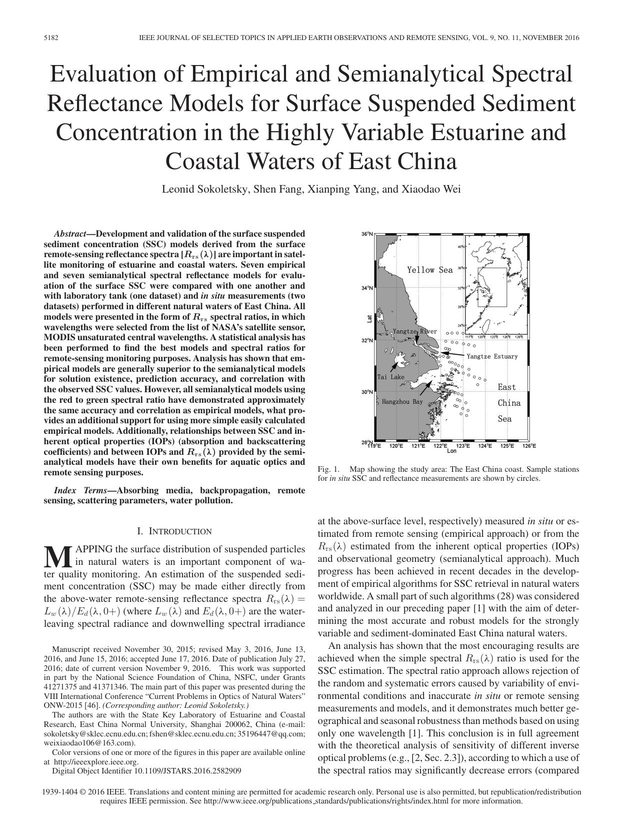 Evaluation of Empirical and Semianalytical Spectral Reflectance Models for Surface Suspended Sediment Concentration in the Highly Variable Estuarine and Coastal Waters of East China by Leonid Sokoletsky & Shen Fang & Xianping Yang & Xiaodao Wei
