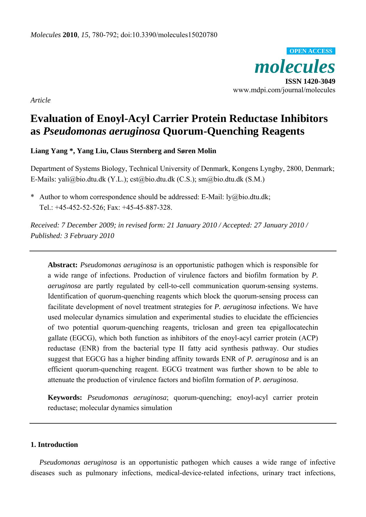 Evaluation of Enoyl-Acyl Carrier Protein Reductase Inhibitors as Pseudomonas aeruginosa Quorum-Quenching Reagents by Liang Yang & Yang Liu & Claus Sternberg & Søren Molin