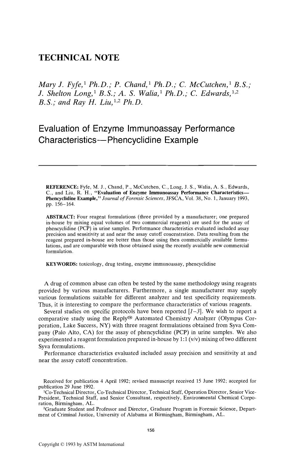 Evaluation of Enzyme Immunoassay Performance CharacteristicsŁPhencyclidine Example by Fyfe MJ Chand P McCutchen C Long JS Walia AS Edwards C Liu RH