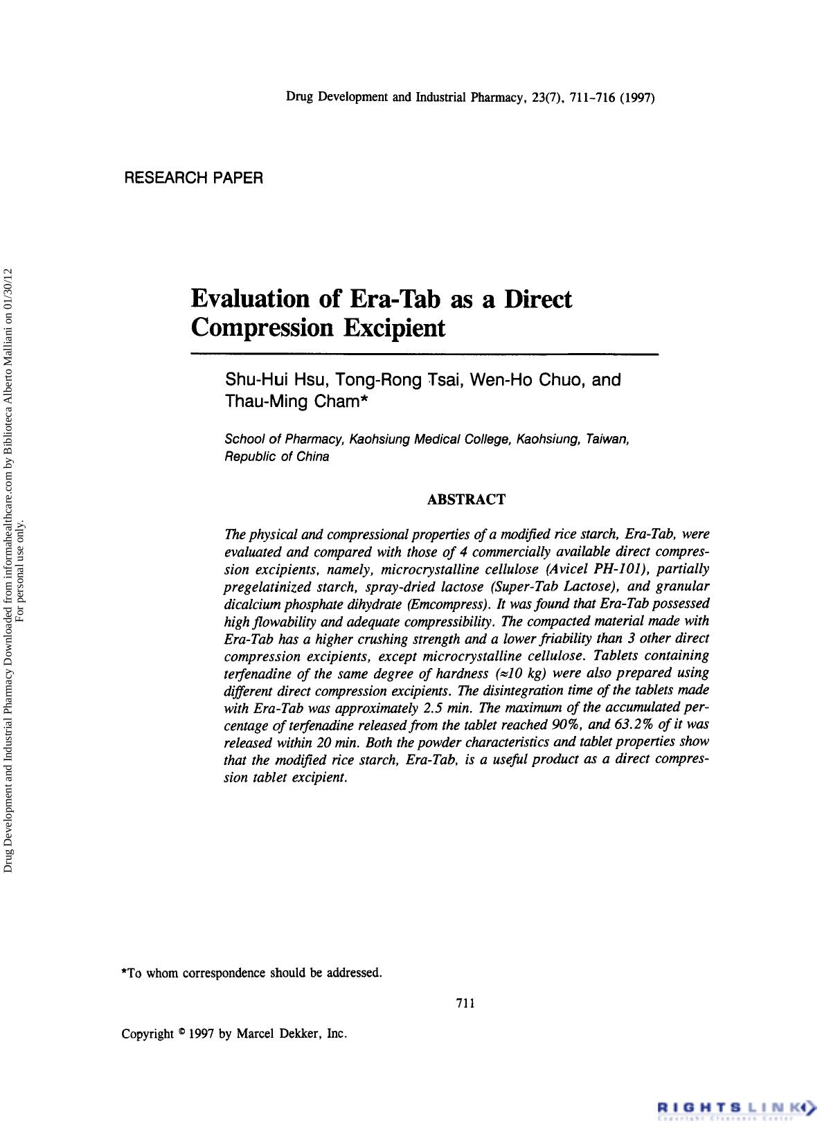 Evaluation of Era-Tab as a Direct Compression Excipient by Shu-Hui Hsu Tong-Rong Tsai Wen-Ho Chuo & Thau-Ming Cham