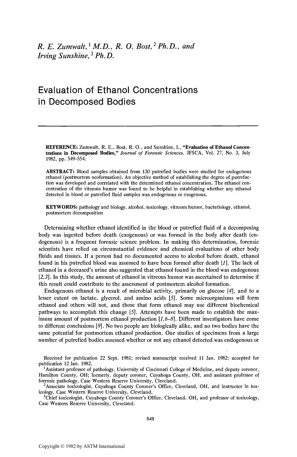 Evaluation of Ethanol Concentrations in Decomposed Bodies by Zumwalt RE Bost RO Sunshine I