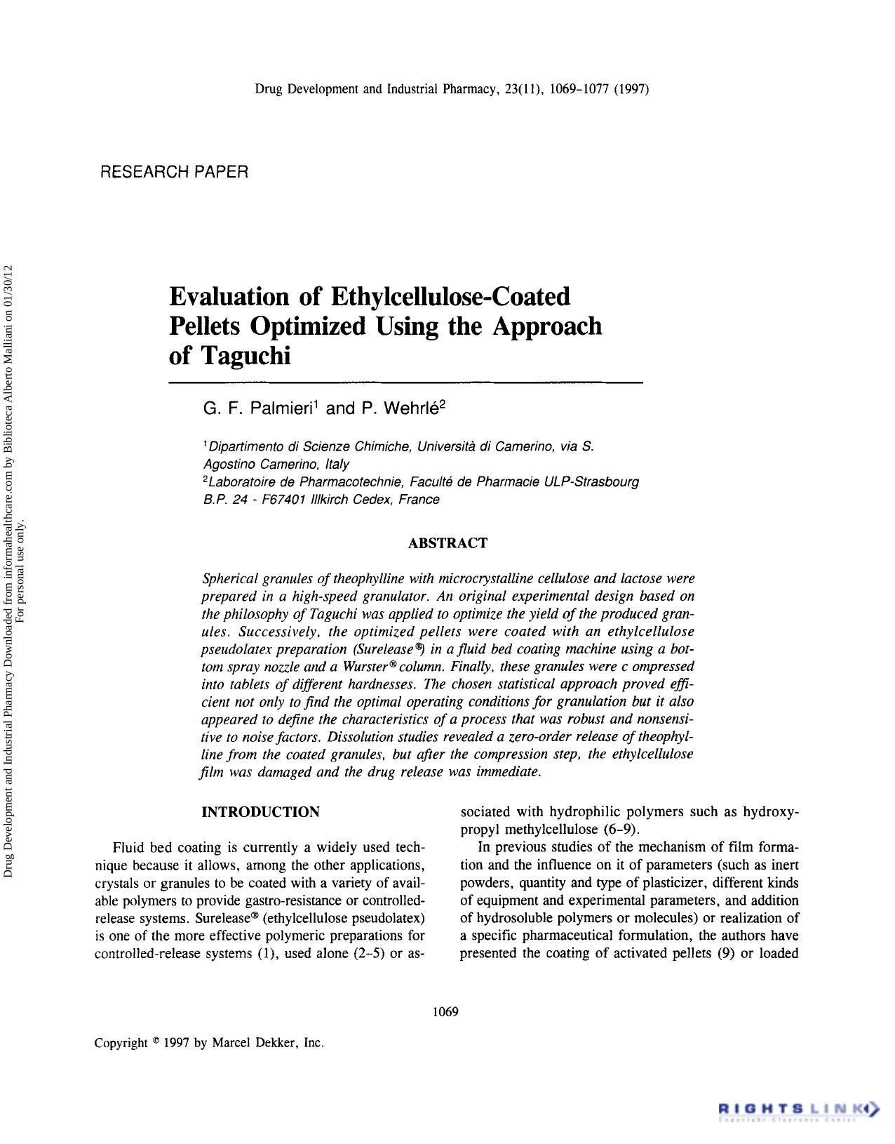 Evaluation of Ethylcellulose-Coated Pellets Optimized Using the Approach of Taguchi by G. F. Palmieri & And P. Wehrle