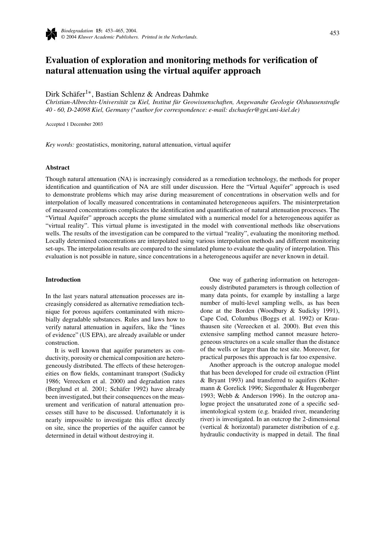 Evaluation of Exploration and Monitoring Methods for Verification of Natural Attenuation Using the Virtual Aquifer Approach by Unknown