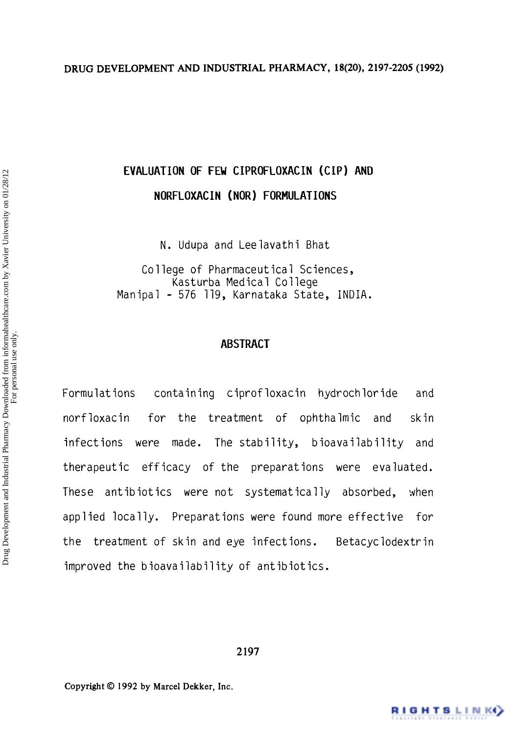 Evaluation of FEW ciprofloxacin (CIP) AND norfloxacin (NOR) formulations by N. Udupa & Leelavathi Bhat