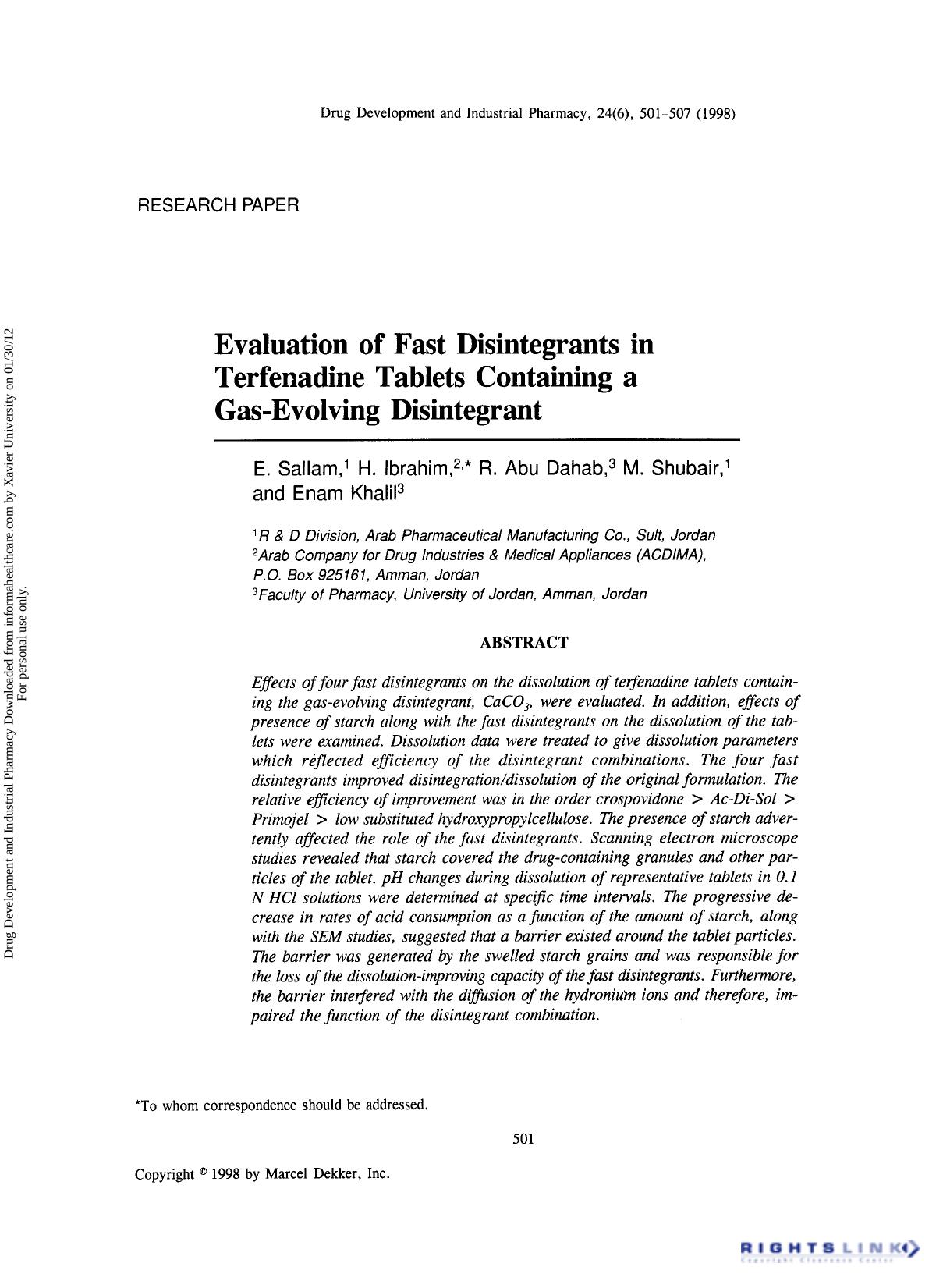 Evaluation of Fast Disintegrants in Terfenadine Tablets Containing a Gas-Evolving Disintegrant by E. Sallam H. Ibrahim R. Abu Dahab M. Shubair & Enam Khalil