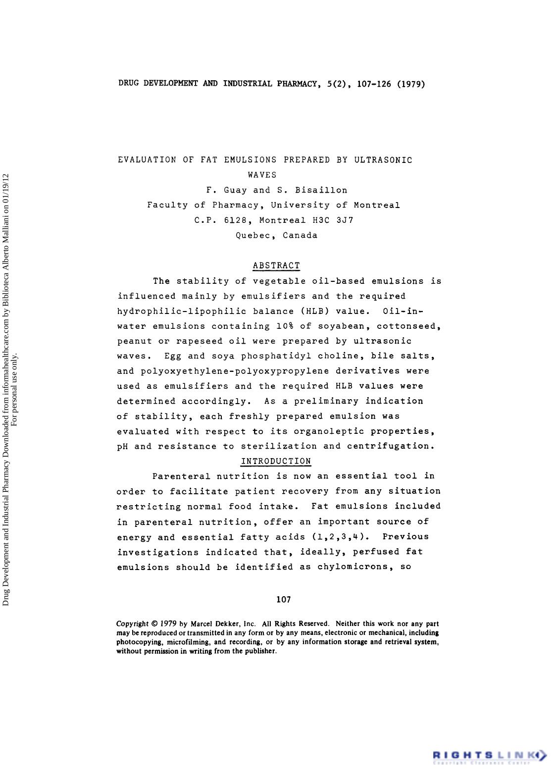 Evaluation of Fat Emulsions Prepared by Ultrasonic Waves by F. Guay & S. Bisaillon