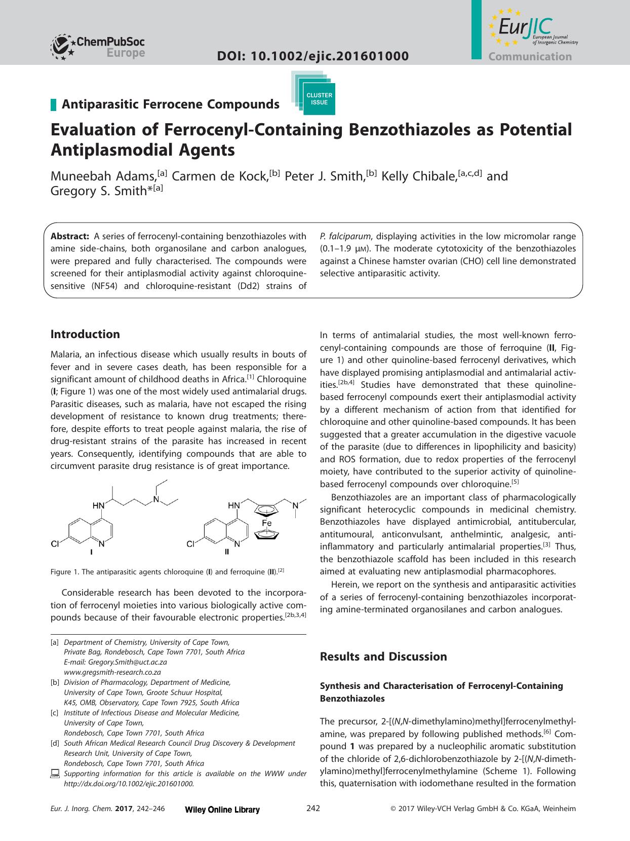 Evaluation of Ferrocenyl‐Containing Benzothiazoles as Potential Antiplasmodial Agents by Unknown