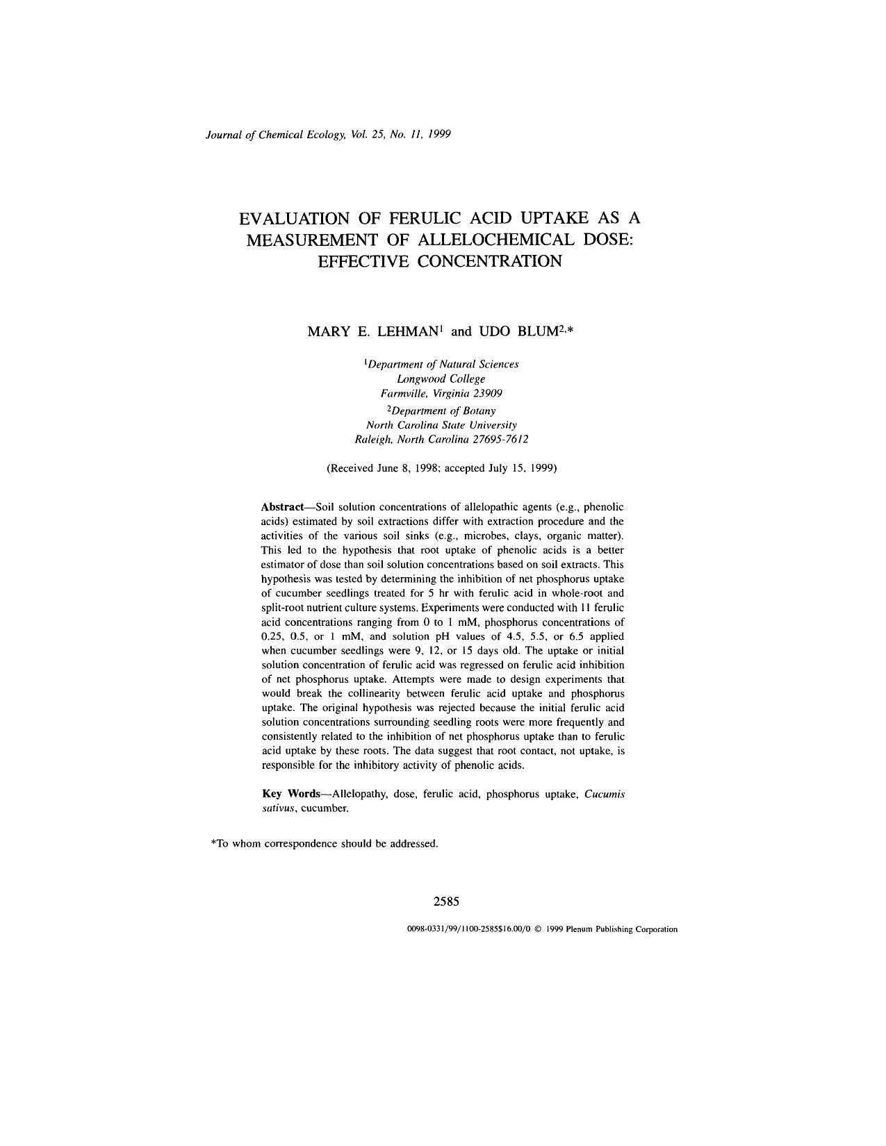 Evaluation of Ferulic Acid Uptake as a Measurement of Allelochemical Dose: Effective Concentration by Unknown