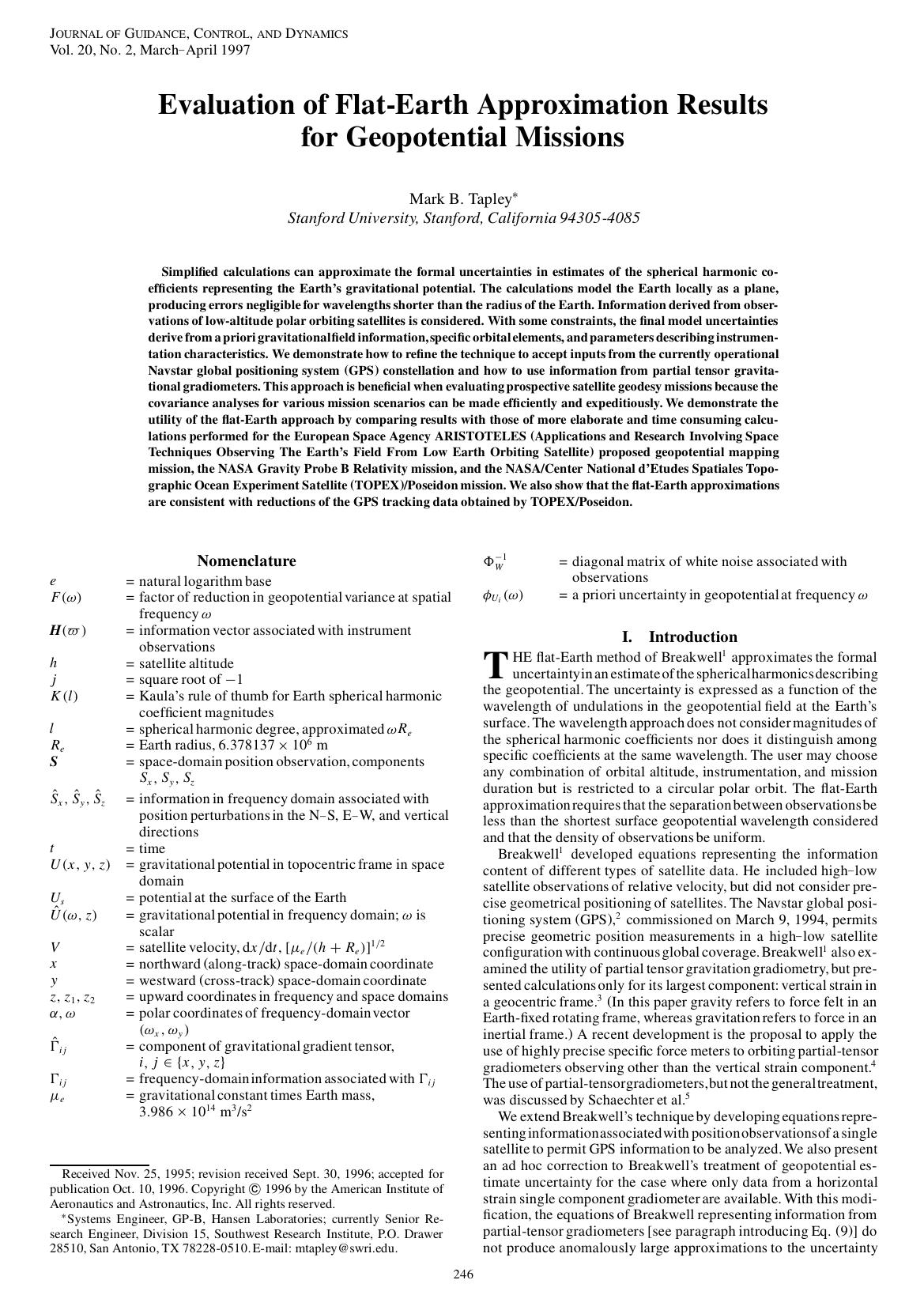 Evaluation of Flat-Earth Approximation Results for Geopotential Missions by Unknown