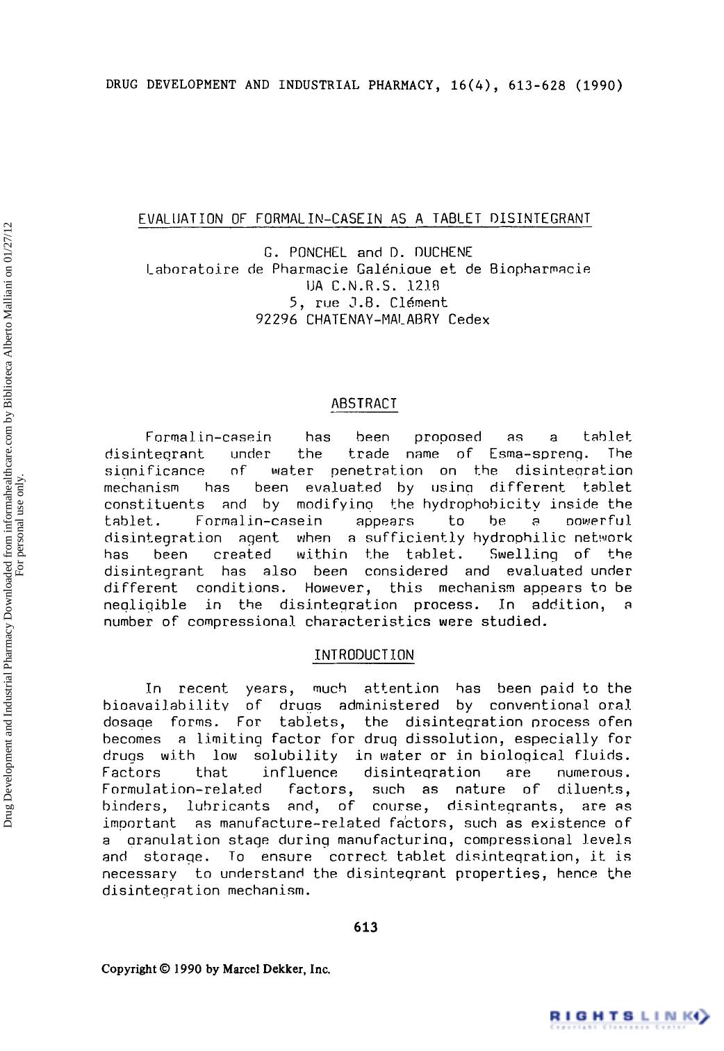 Evaluation of Formal in-Case in as a Tablet Disintegrant by G. Ponchel & D. Duchene