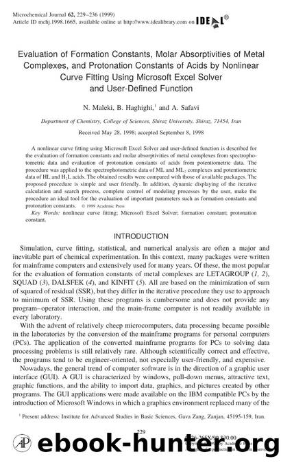 Evaluation of Formation Constants, Molar Absorptivities of Metal Complexes, and Protonation Constants of Acids by Nonlinear Curve Fitting Using Microsoft Excel Solver and User-Defined Function by Maleki N. et al