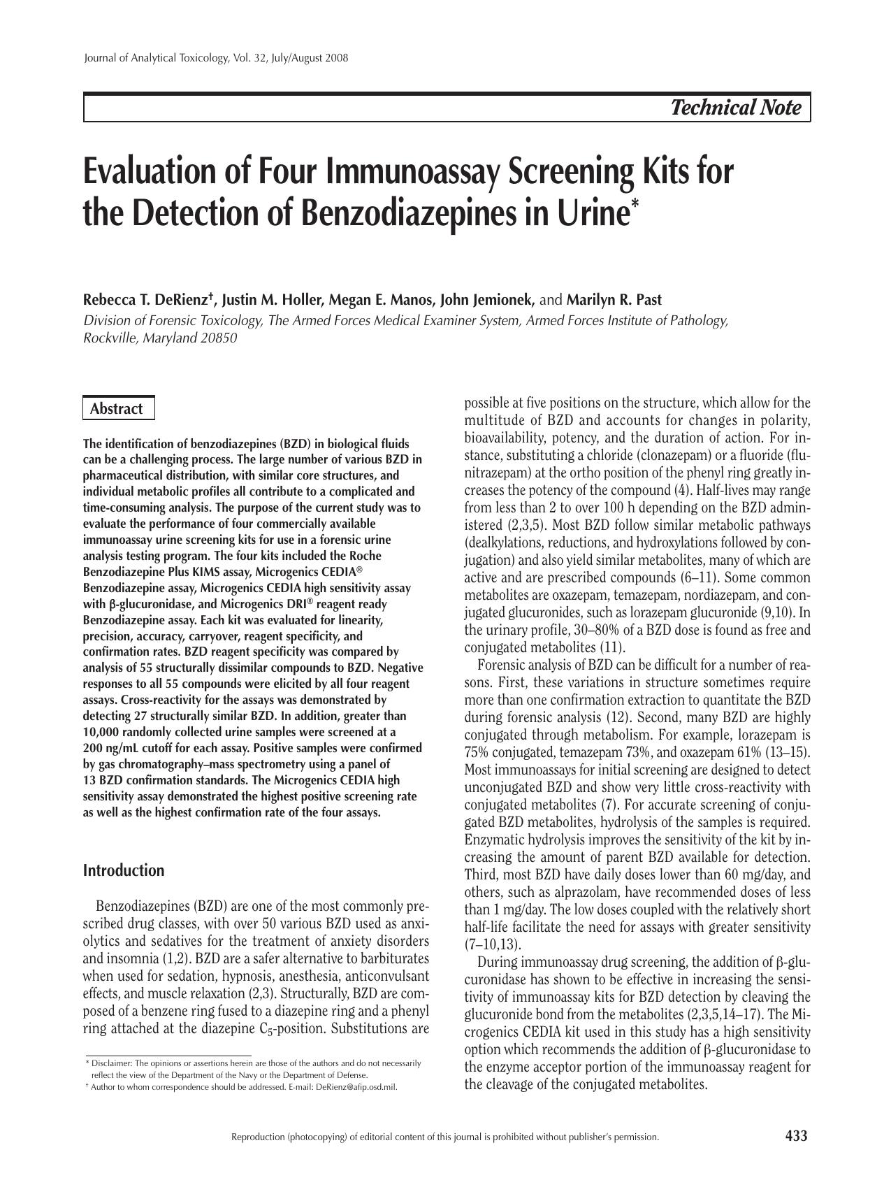 Evaluation of Four Immunoassay Screening Kits for the Detection by Rebecca T. DeRienz