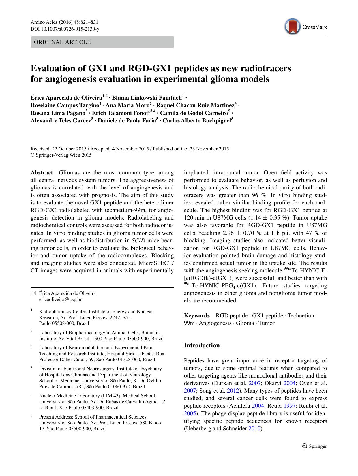 Evaluation of GX1 and RGD-GX1 peptides as new radiotracers for angiogenesis evaluation in experimental glioma models by unknow