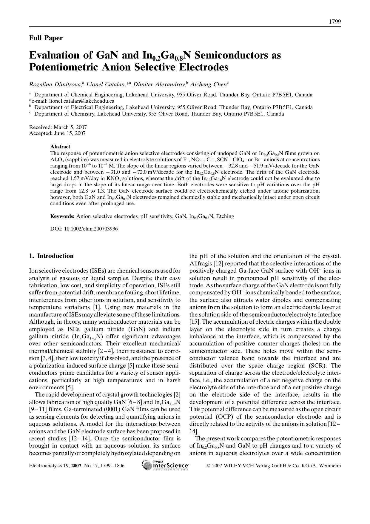 Evaluation of GaN and In0.2Ga0.8N Semiconductors as Potentiometric Anion Selective Electrodes by Unknown