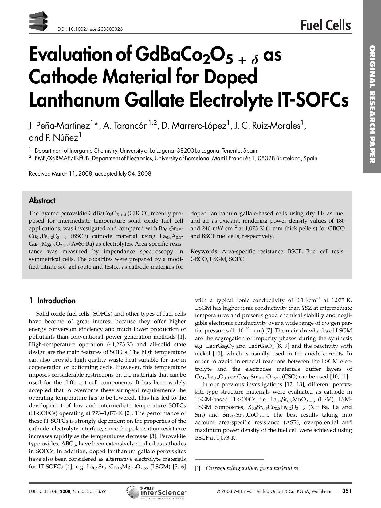 Evaluation of GdBaCo2O5[thinsp]+[thinsp][dgr] as Cathode Material for Doped Lanthanum Gallate Electrolyte IT-SOFCs by Unknown