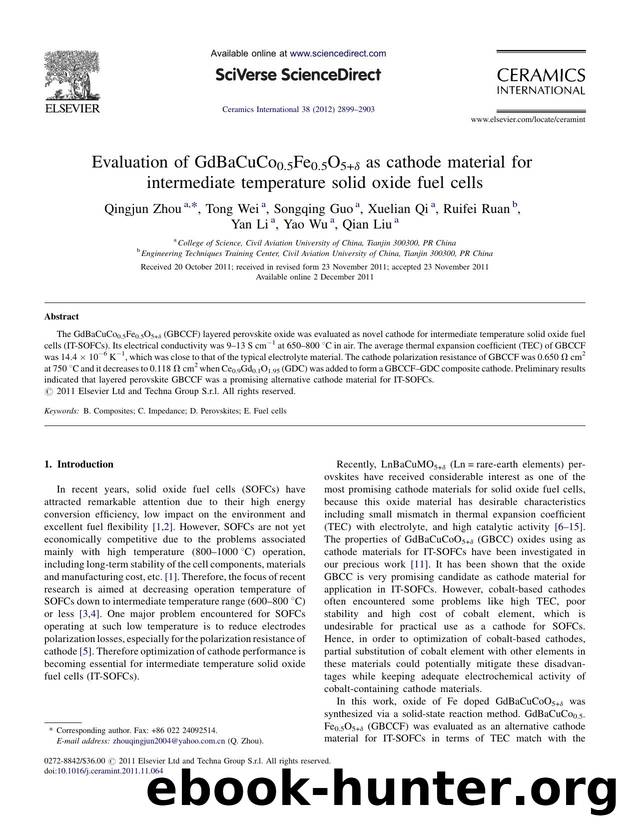 Evaluation of GdBaCuCo0.5Fe0.5O5+Î´ as cathode material for intermediate temperature solid oxide fuel cells by Qingjun Zhou