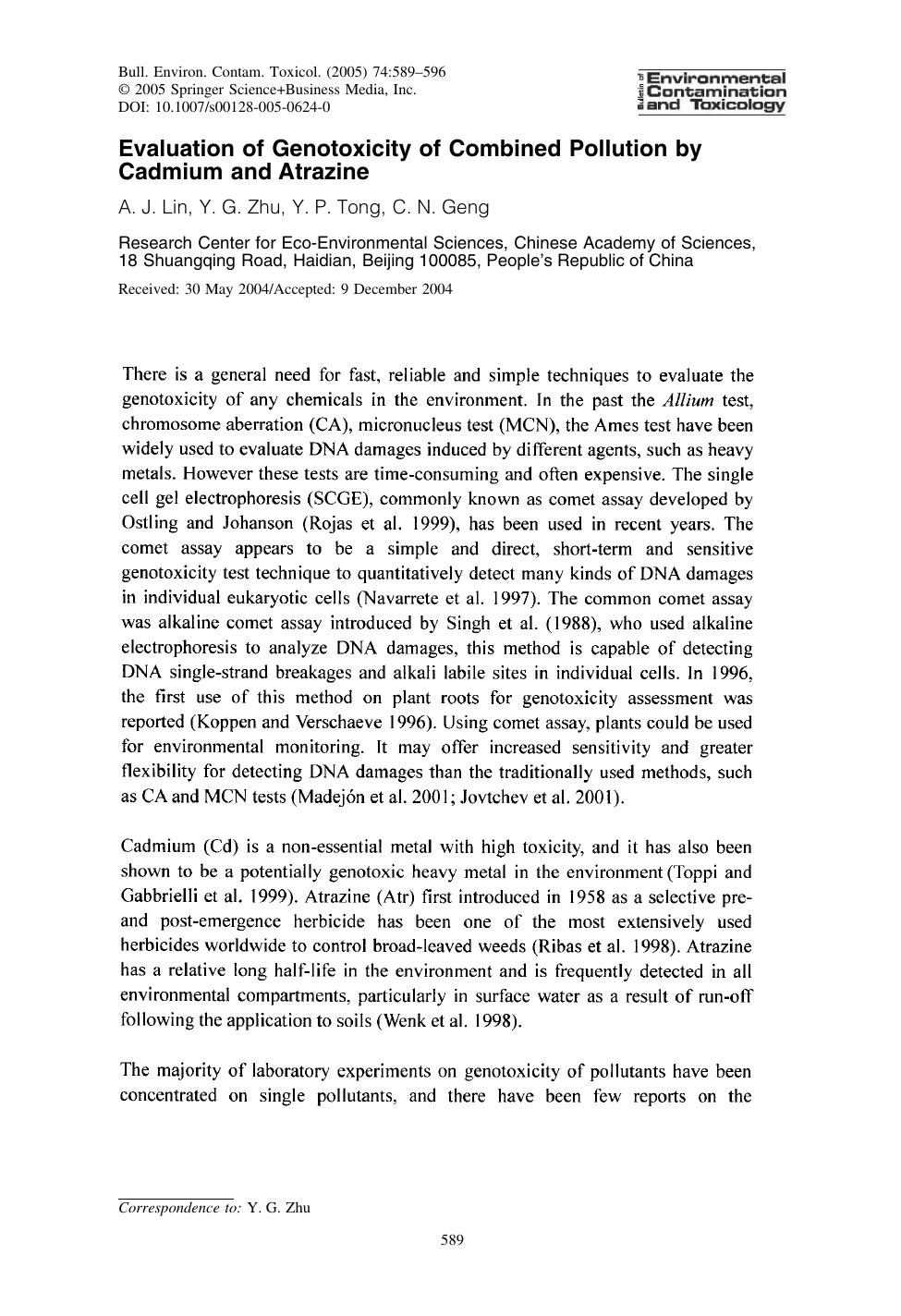 Evaluation of Genotoxicity of Combined Pollution by Cadmium and Atrazine by Lin A. et al