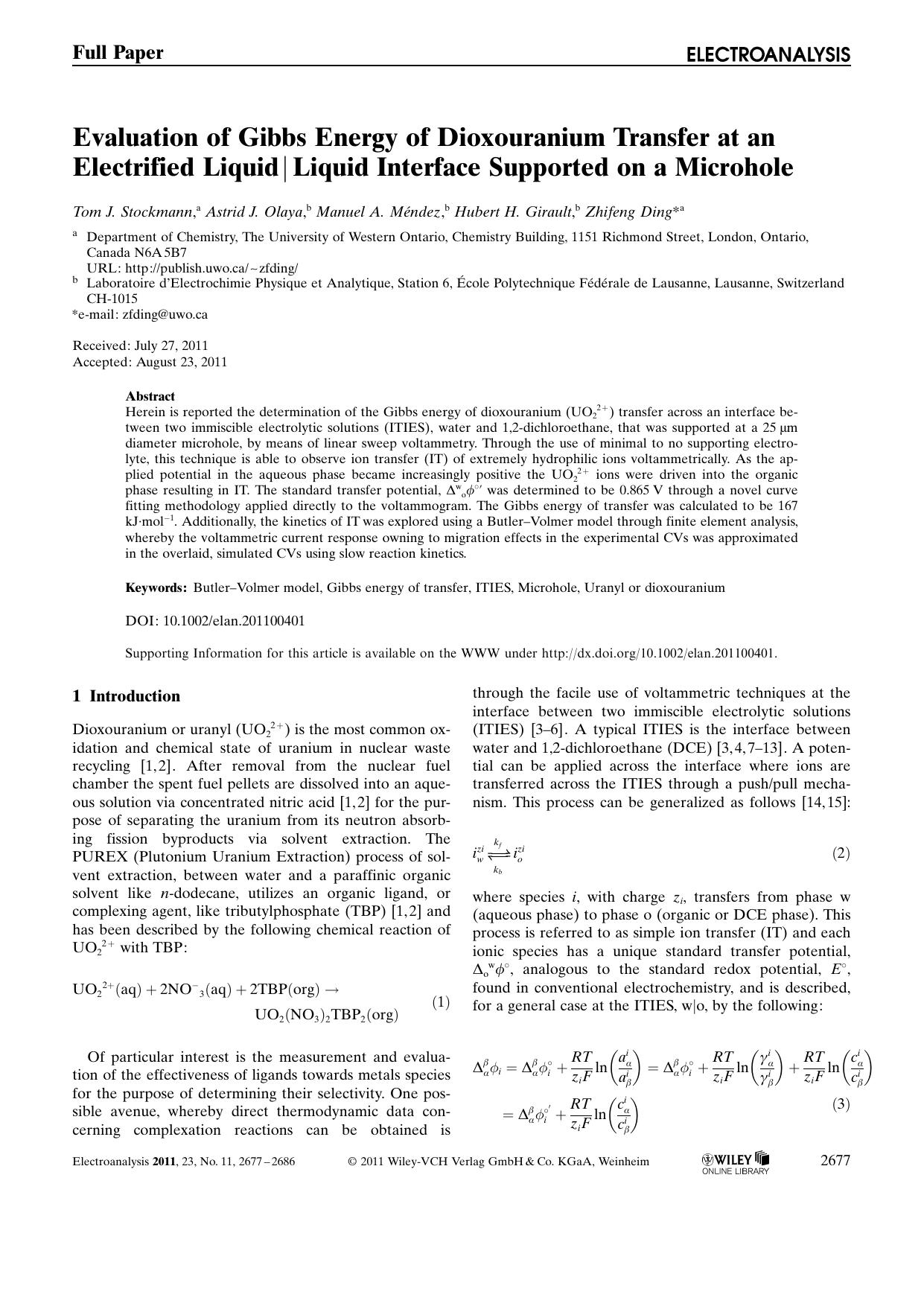 Evaluation of Gibbs Energy of Dioxouranium Transfer at an Electrified Liquid|Liquid Interface Supported on a Microhole by Unknown