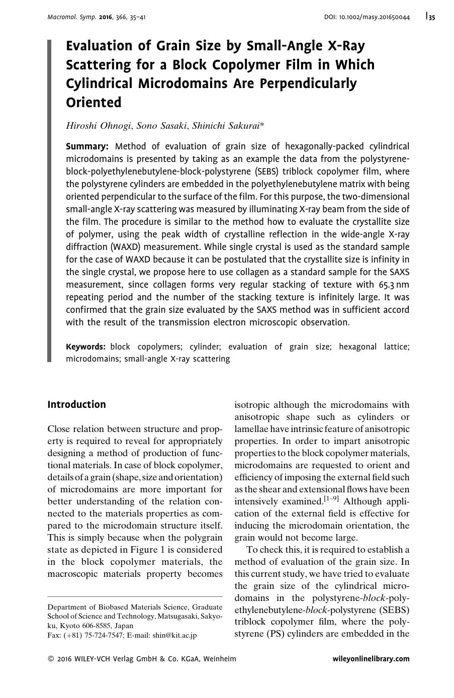 Evaluation of Grain Size by Small-Angle X-Ray Scattering for a Block Copolymer Film in Which Cylindrical Microdomains Are Perpendicularly Oriented by Unknown