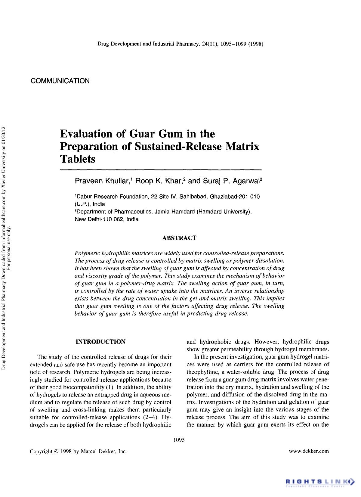 Evaluation of Guar Gum in the Preparation of Sustained-Release Matrix Tablets by Praveen Khullar Roop K. Khar & Suraj P. Agarwal