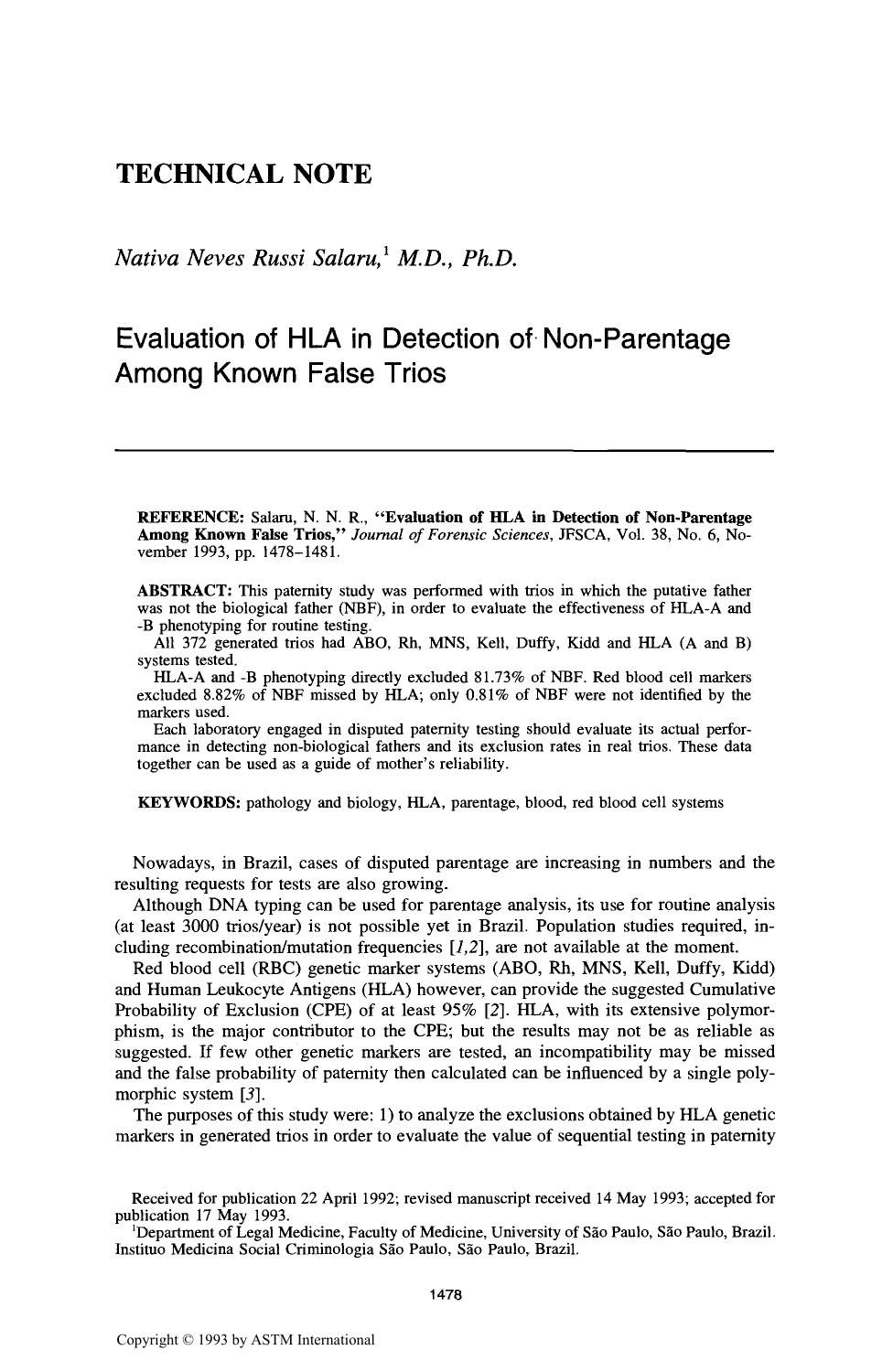 Evaluation of HLA in Detection of Non-Parentage Among Known False Trios by Salaru NNR