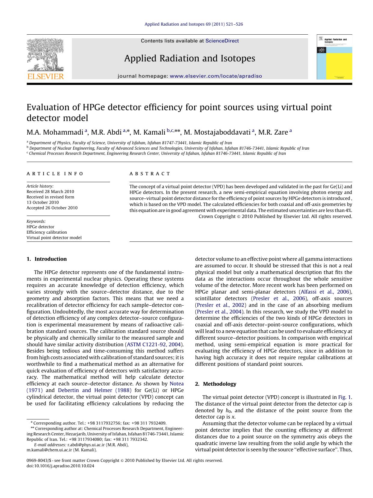 Evaluation of HPGe detector efficiency for point sources using virtual point detector model by M.A. Mohammadi & M.R. Abdi & M. Kamali & M. Mostajaboddavati & M.R. Zare