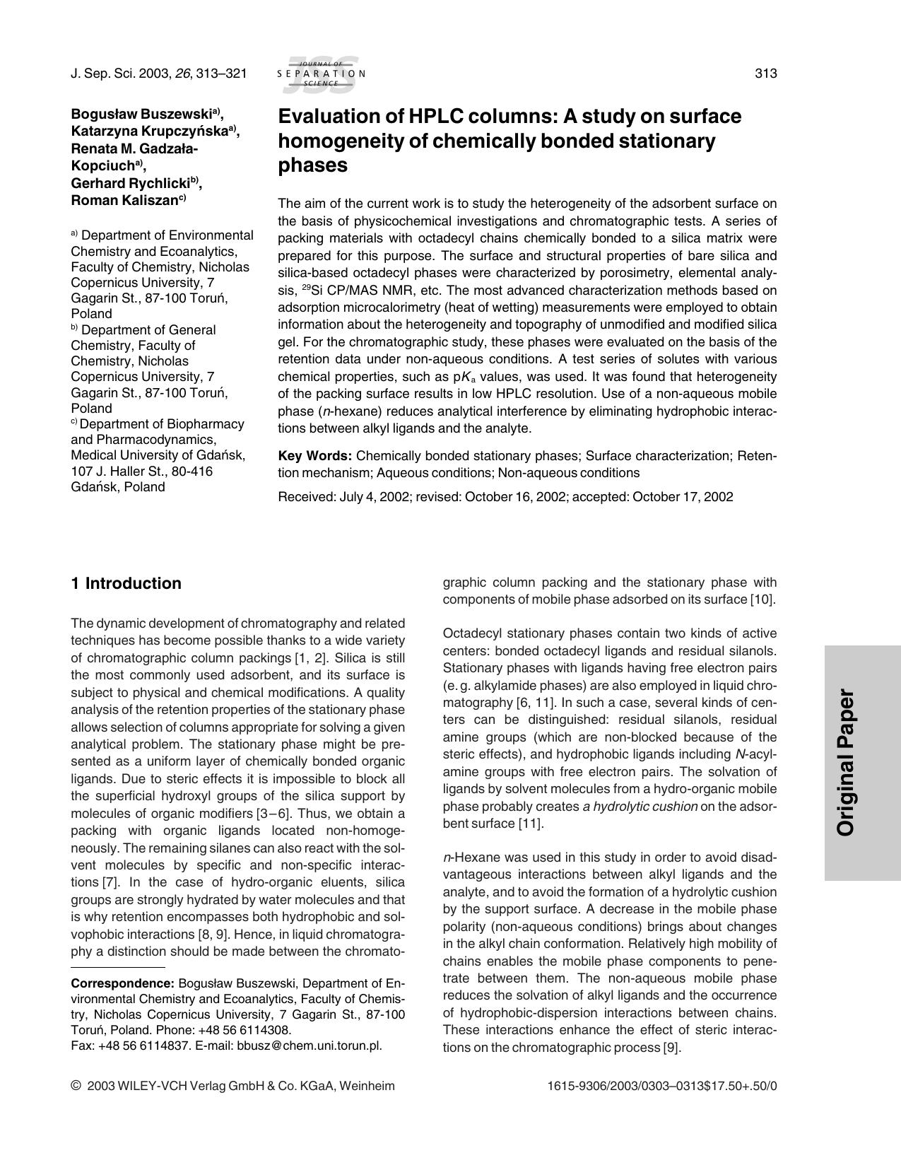 Evaluation of HPLC columns: A study on surface homogeneity of chemically bonded stationary phases by Unknown