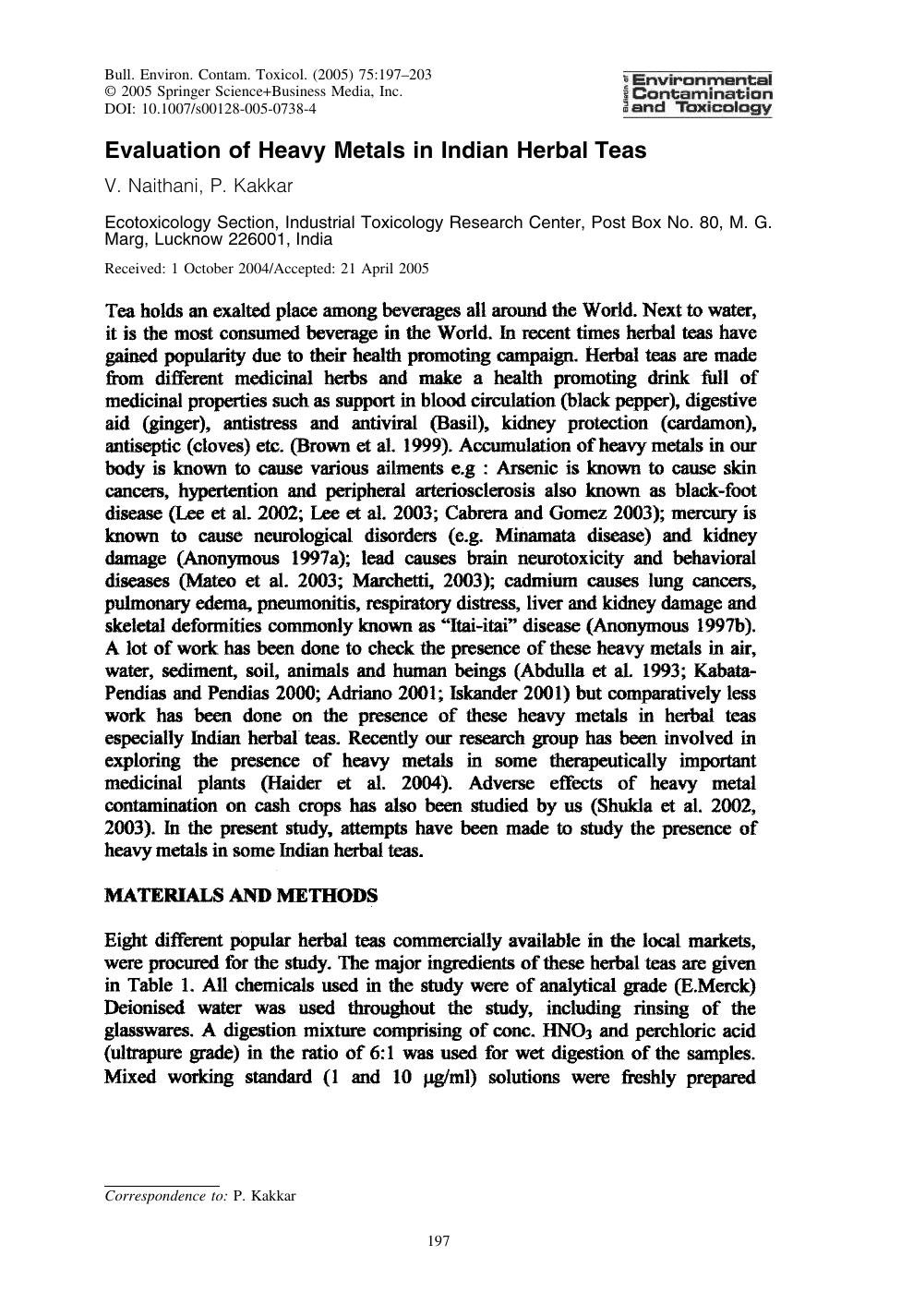 Evaluation of Heavy Metals in Indian Herbal Teas by Naithani V.; et al